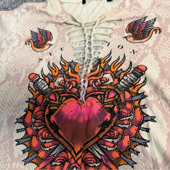 Affliction Beige Graphic Lace-Up Tee - Picture 2 of 6